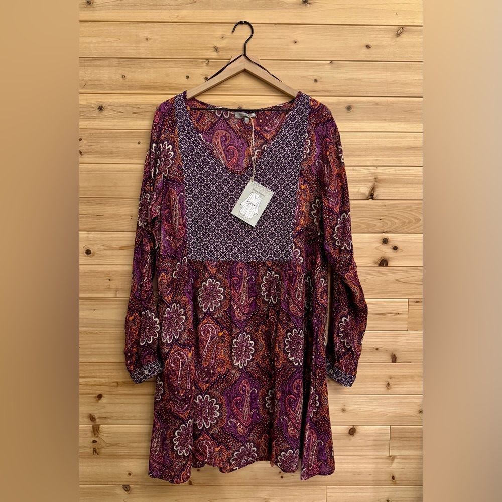 NWT World Market Size L/XL Bohemian V Neck Paisley Mixed Pattern Dress